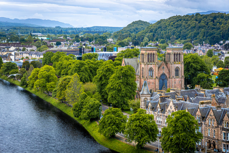 View of Inverness, a city on Scotland’s northeast coast, where the River Ness meets the Moray Firth. It’s the largest city and the cultural capital of the Scottish Highlands