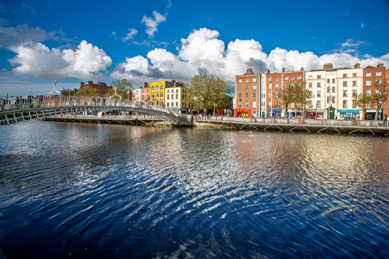 Iconic Ha’ Penny Bridge spanning Liffey River with Dublin’s Bachelors Walk